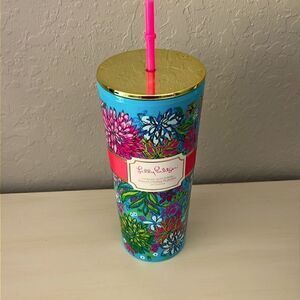 Lilly Pulitzer Walking on Sunshine 24 Oz Tumbler with Straw Gold Top
